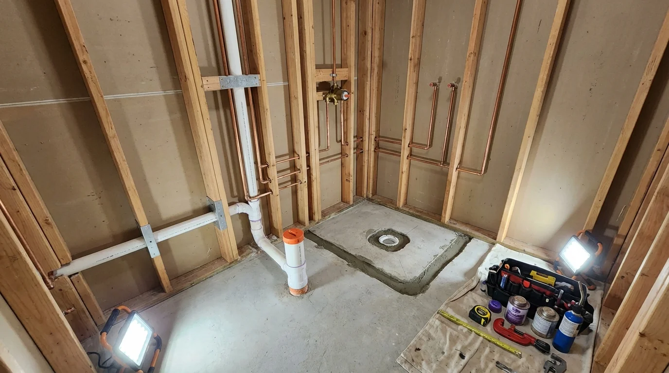Bathroom rough-in plumbing during remodel by Johns Plumbing LLC in Bristol