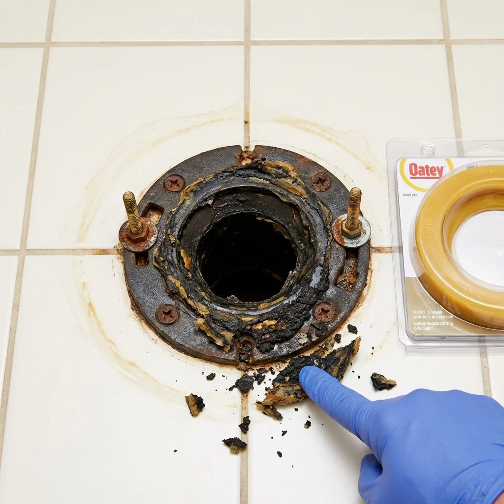 Failed wax ring showing water seepage at the base of a toilet in a Bristol, ME home