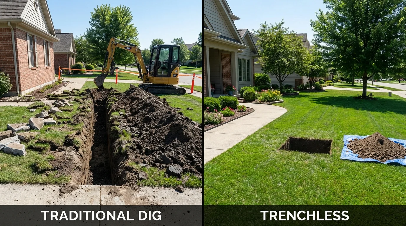Trenchless sewer repair with minimal yard damage versus traditional excavation in Bristol, ME